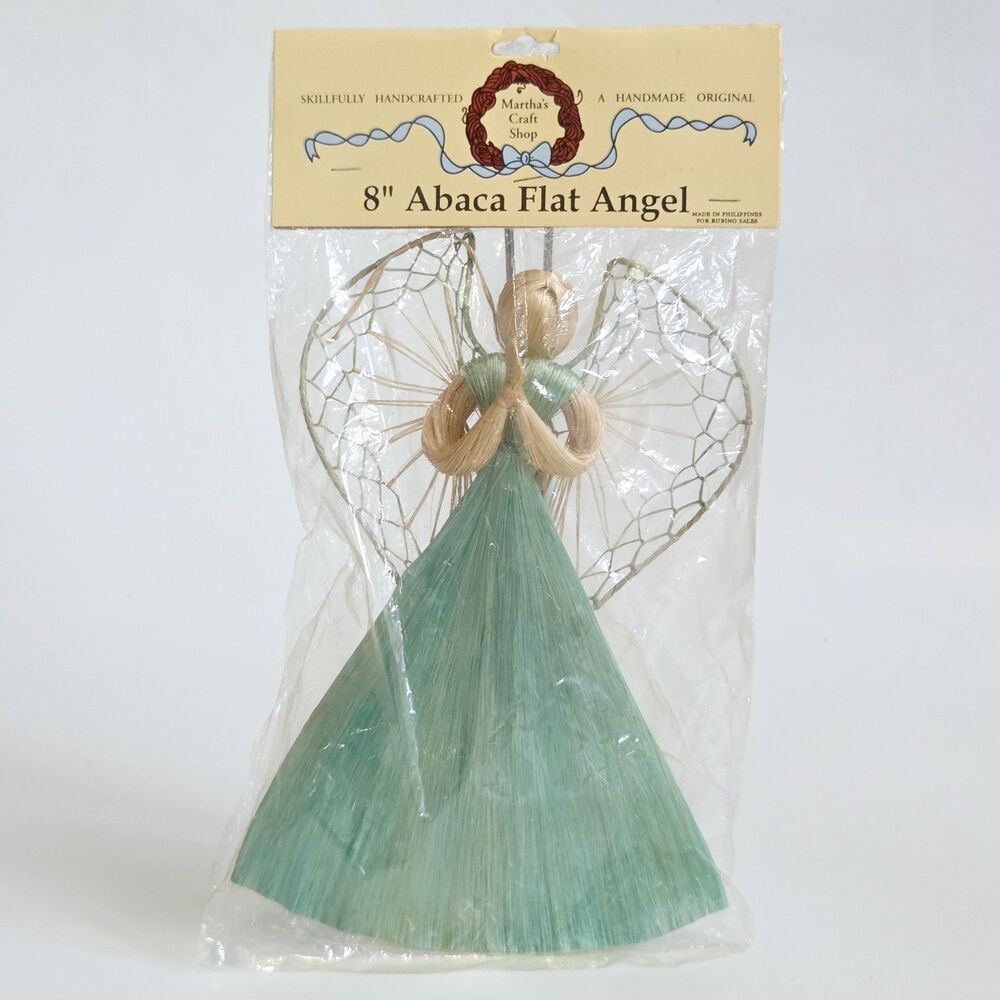 Abaca Flat Angel Praying Ornament Blue Natural Fiber Handcrafted Philippines 9"